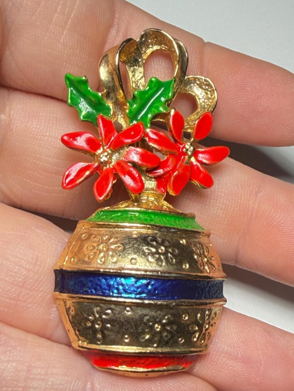 Poinsettia Ornament Vintage Brooch Domed Enamel Pin 2.25 inches